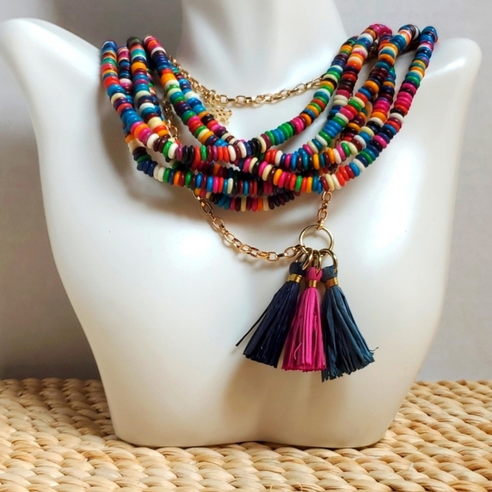 NECKLACE BUNDLE MULTICOLOR MULTI STRAND BEADS & GOLD TONE TASSLE CHAIN